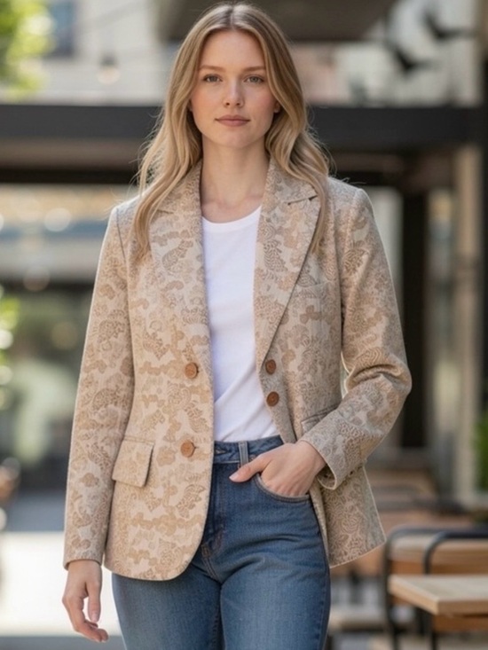Ellen Tracy Jackets & Blazers - Ellen Tracy Tan Blazer with Notched Lapel and Abstract Pattern